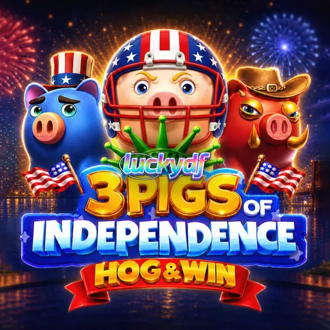 Tampilan antarmuka seluler slot 3 Pigs of Independence Hog & Win dengan tema patriotik
